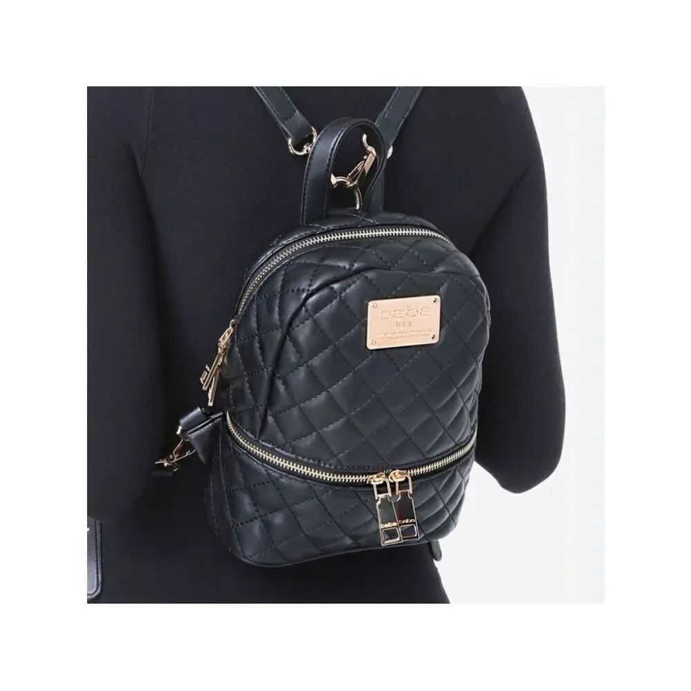 bebe U.S.A. Black Faux Leather Quilted Mini Backpack Purse Gold Tone Hardware